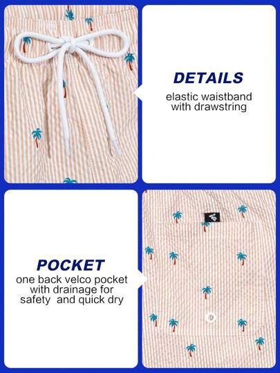 Manfinity Swimmode شورت شاطئ مع جيوب ذو خصر رباط مع خطوط شجرة النخيل للرجال