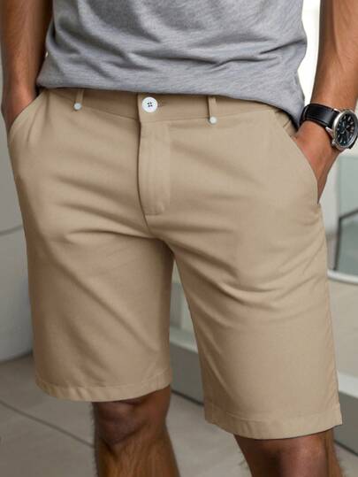 Manfinity Homme شورتات رجالية ذات لون أحادي مستقيمة مناسبة للارتداء اليومي مع جيوب. شورتات خاكي رجالية، شورتات رسمية رجالية، شورتات قصيرة طويلة للرجال. هدية رائعة للصديق أو الزوج.