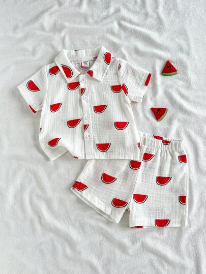 Vintaside Kids مجموعة قميص وشورت مطبوع عليه البطيخ، قطعتين/حزمة، ملابس صيفية لأطفال الرضع والأولاد