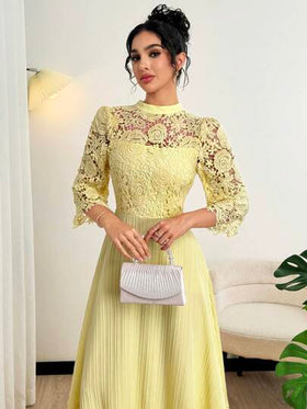 Modelyn فستان نسائي طويل بأكمام طويلة مصنوع من التطريز والخرز والحشو باللون الأصفر