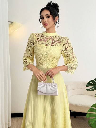 Modelyn فستان نسائي طويل بأكمام طويلة مصنوع من التطريز والخرز والحشو باللون الأصفر