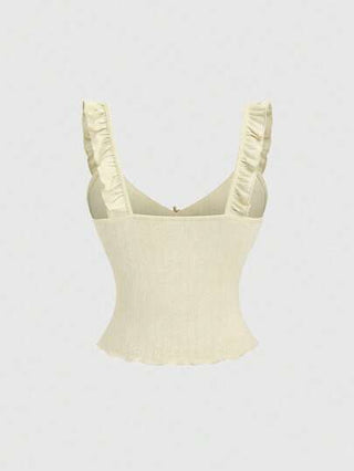 Sweetra ملابس علوية صيفي وتابستاني من ال- knit مع رسومات jacard وبدون أكمام مع كسرات وتجميعات مناسب للأجازات والنزهات، به زخرفة زهور صغيرة على الصدر، أصفر مناسب وجذاب