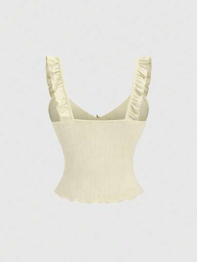 Sweetra ملابس علوية صيفي وتابستاني من ال- knit مع رسومات jacard وبدون أكمام مع كسرات وتجميعات مناسب للأجازات والنزهات، به زخرفة زهور صغيرة على الصدر، أصفر مناسب وجذاب
