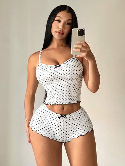 SHEIN SXY مجموعة نوم كاجوال للنساء بنقاط - توب كامي + شورت، مجموعة بيجامة نقاط للنساء 2 قطعة