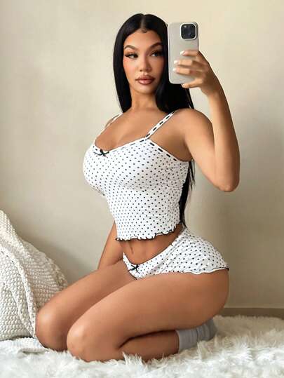 SHEIN SXY مجموعة نوم كاجوال للنساء بنقاط - توب كامي + شورت، مجموعة بيجامة نقاط للنساء 2 قطعة