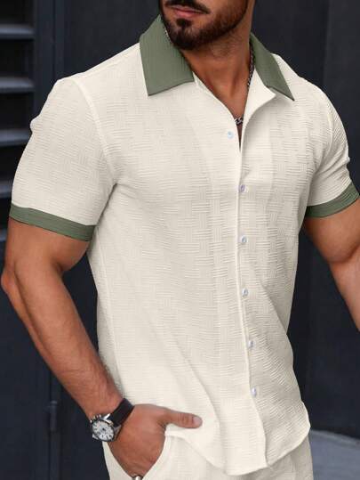 Manfinity Homme قميص رجالي صيفي ذو لون مكون من قطعة واحدة غير مبطن، كاجوال/مكتبي، أكمام قصيرة