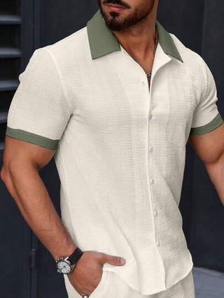 Manfinity Homme قميص رجالي صيفي ذو لون مكون من قطعة واحدة غير مبطن، كاجوال/مكتبي، أكمام قصيرة
