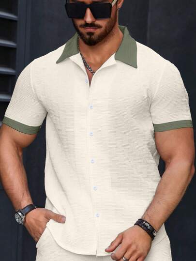 Manfinity Homme قميص رجالي صيفي ذو لون مكون من قطعة واحدة غير مبطن، كاجوال/مكتبي، أكمام قصيرة