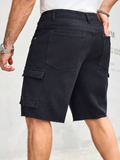 Manfinity Homme شورتات جينز كاجوال بساق واسعة وجيوب متعددة للرجال
