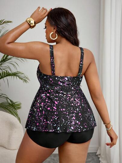 SHEIN Swim Curve مجموعة سباحة بيكيني للمرأة مقاس كبير مكونة من 2 قطعة، ملابس علوية مطبوع رقميًا وشورت أحادي اللون، بدلة السباحة لحفلات الشاطئ