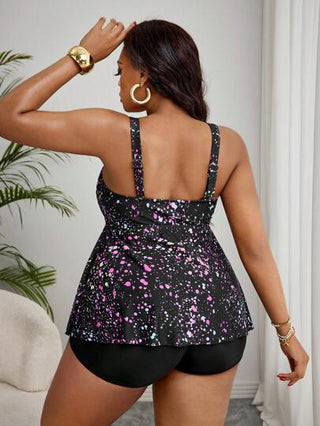 SHEIN Swim Curve مجموعة سباحة بيكيني للمرأة مقاس كبير مكونة من 2 قطعة، ملابس علوية مطبوع رقميًا وشورت أحادي اللون، بدلة السباحة لحفلات الشاطئ