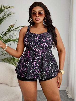 SHEIN Swim Curve مجموعة سباحة بيكيني للمرأة مقاس كبير مكونة من 2 قطعة، ملابس علوية مطبوع رقميًا وشورت أحادي اللون، بدلة السباحة لحفلات الشاطئ