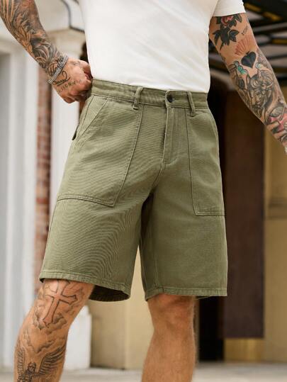 Manfinity Homme شورت جينز كاجوال واسع للرجال على طراز برمودا متعدد الجيوب
