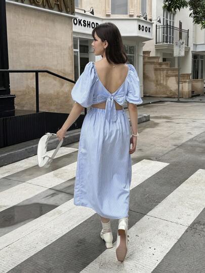 SHEIN طقم ملابس علوية وتنورة 2 قطعة لفتيات المراهقات، ملابس علوية مخرم مربوط أكتاف مموج الأكمام الفقاعي مع تنورة بسيطة أنيقة للمناسبات الصيفية