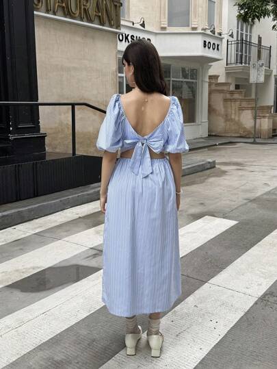 SHEIN طقم ملابس علوية وتنورة 2 قطعة لفتيات المراهقات، ملابس علوية مخرم مربوط أكتاف مموج الأكمام الفقاعي مع تنورة بسيطة أنيقة للمناسبات الصيفية
