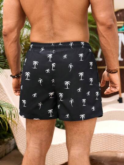 Manfinity Swimmode ملابس شاطئ قصيرة كاجوال للرجال مطبوع عليها شجرة جوز الهند، طراز هاواي