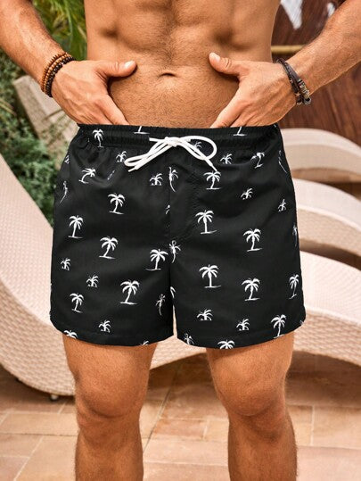 Manfinity Swimmode ملابس شاطئ قصيرة كاجوال للرجال مطبوع عليها شجرة جوز الهند، طراز هاواي
