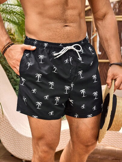 Manfinity Swimmode ملابس شاطئ قصيرة كاجوال للرجال مطبوع عليها شجرة جوز الهند، طراز هاواي