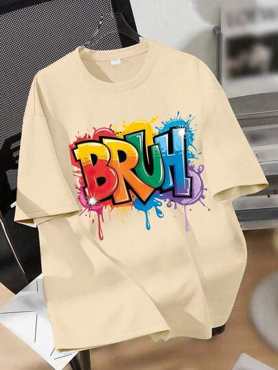 ملابس علوية تي شيرت رقبة دائرية مطبوع عليه "BRUH" للمراهقين الأولاد، قمصان كاجوال ناعمة للصيف