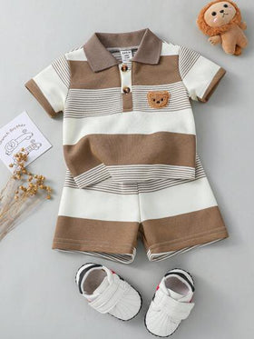 SHEIN Playful Pals مجموعة سروال و بولو قصير الأكمام للأطفال الرضع، مصنوعة من شريط مائل و مطرزة برسمة الدب، مناسبة للاستخدام في فصل الصيف