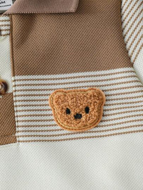SHEIN Playful Pals مجموعة سروال و بولو قصير الأكمام للأطفال الرضع، مصنوعة من شريط مائل و مطرزة برسمة الدب، مناسبة للاستخدام في فصل الصيف