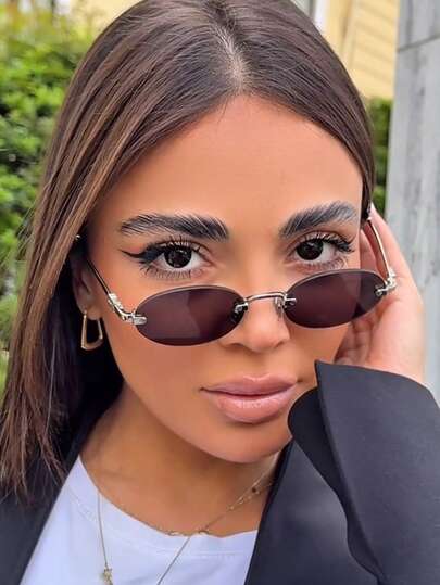 نظارات نسائية صغيرة بدون فراملة موضة بيضاوية قطعة واحدة، إكسسوارات معدنية، إعادة تصميم شخصية، نظارات أنيقة وعصرية مناسبة للارتداء اليومي، التصوير الفوتوغرافي للشارع، الإجازة، ملحقات الشاطئ، الطراز الأولي للعودة إلى المدرسة