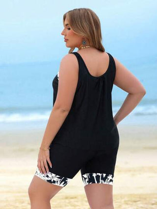 SHEIN Swim Curve بدلة سباحة تانكيني كبيرة الحجم بعروات واسعة وياقة دائرية بلا أكمام للصيف
