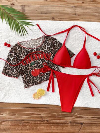 Swim Mod بيكيني نسائي مقاسات كبيرة جديد بطبعة الكرز والفهد بدون ظهر، 3 قطع ملابس سباحة