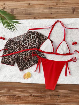 Swim Mod بيكيني نسائي مقاسات كبيرة جديد بطبعة الكرز والفهد بدون ظهر، 3 قطع ملابس سباحة
