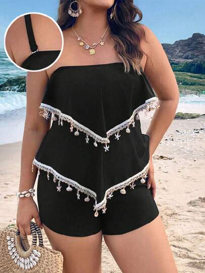Swim Lushoire بلوزة بكبر بخط معقول للسيدات 2 قطعة لون أحادي، بحلة السباحة قطعة واحدة بدون أربطة، قابلة للإزالة، كتف قابل للتعديل ذات حشو، تنورة غير متماثلة على اللوحة الأمامية، شورت ذات خصر عالي، للاستخدام اليومي والعطلات والسباحة على الشاطئ