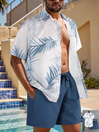 Manfinity Swimmode طقم قميص وشورت بطبعة نباتات استوائية بأكمام قصيرة وأزرار أمامية واحدة للرجال، طقم ملابس عطلة للرجال، طقم شورت بطبعة استوائية للرجال، طقم قميص وشورت صيفي للرجال