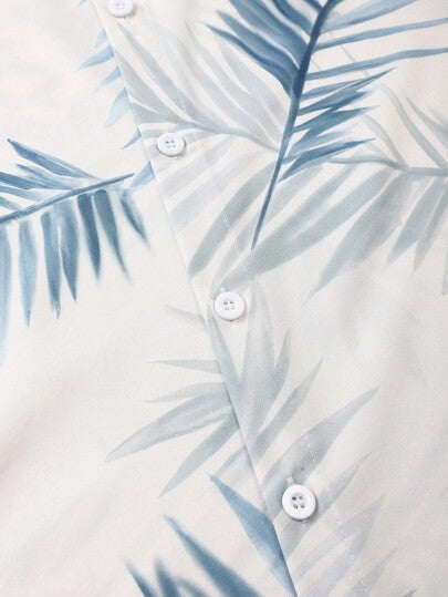 Manfinity Swimmode طقم قميص وشورت بطبعة نباتات استوائية بأكمام قصيرة وأزرار أمامية واحدة للرجال، طقم ملابس عطلة للرجال، طقم شورت بطبعة استوائية للرجال، طقم قميص وشورت صيفي للرجال