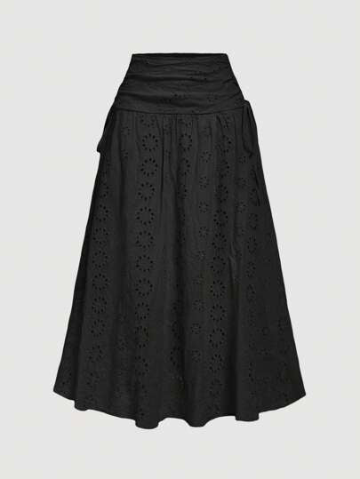 SHEIN MOD تنورة متوسطة السيدات بتطريز بريطاني رجعي بفيونكة