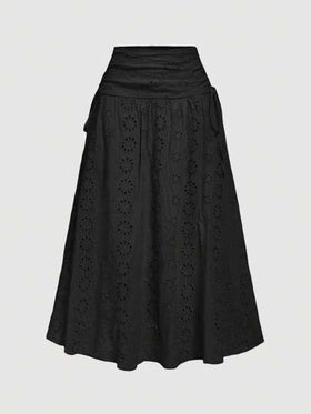 SHEIN MOD تنورة متوسطة السيدات بتطريز بريطاني رجعي بفيونكة
