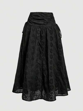 SHEIN MOD تنورة متوسطة السيدات بتطريز بريطاني رجعي بفيونكة