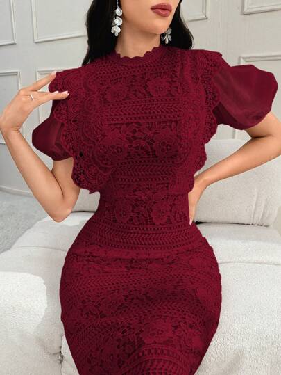 Modelyn فستان مساء طويل بأكمام منفوخة وظهر مفتوح مزين بدانتيل جيبور