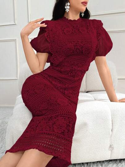 Modelyn فستان مساء طويل بأكمام منفوخة وظهر مفتوح مزين بدانتيل جيبور