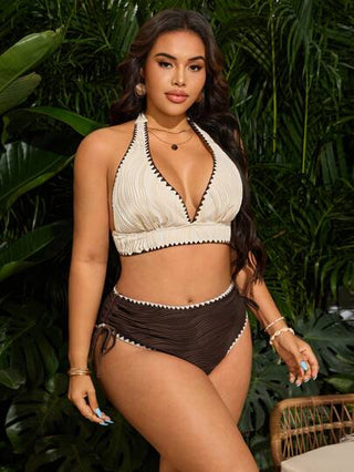 SHEIN Swim Curve بدلة سباحة ذات قطعتين، مقاس كبير للنساء، بتصميم زهور ورسوم من الدانتيل، من قماش خاص، مناسبة للشاطئ والحفلات والعطلات