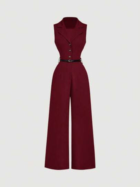 SHEIN MOD جمبسوت رجعية بني غامق مع ياقة بدلة وحزام، جمبسوت أنيقة، جمبسوت للخروج، جمبسوت غربية، ملابس للمناسبات