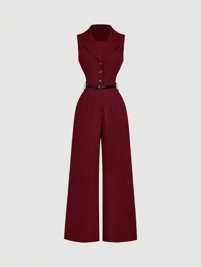 SHEIN MOD جمبسوت رجعية بني غامق مع ياقة بدلة وحزام، جمبسوت أنيقة، جمبسوت للخروج، جمبسوت غربية، ملابس للمناسبات