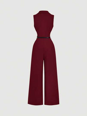 SHEIN MOD جمبسوت رجعية بني غامق مع ياقة بدلة وحزام، جمبسوت أنيقة، جمبسوت للخروج، جمبسوت غربية، ملابس للمناسبات