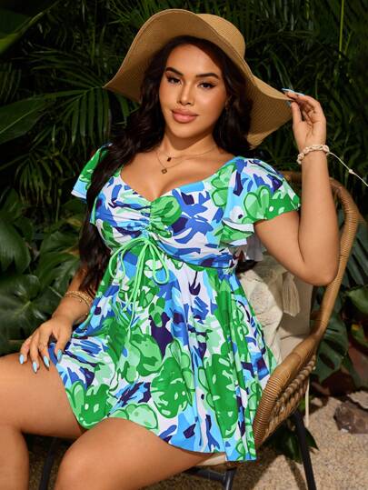 SHEIN Swim Curve بيكيني عبارة عن قطعتين مع سترة عليها طباعة رقمية وشورت بلون واحد للنساء ذوات المقاسات الكبيرة، ملابس سباحة محتشمة مناسبة لحفلات الشاطئ والمنتجعات