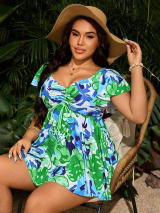 SHEIN Swim Curve بيكيني عبارة عن قطعتين مع سترة عليها طباعة رقمية وشورت بلون واحد للنساء ذوات المقاسات الكبيرة، ملابس سباحة محتشمة مناسبة لحفلات الشاطئ والمنتجعات
