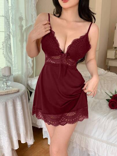 SHEIN قميص نوم نسائي أنيق بلون صلب ولحمة مع حزام خصر بتطريز