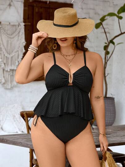 Swim Lushoire مجموعة بكيني لقياسات كبيرة للنساء بقطعتين، شريطي العنق المزين بمعدن أحادي اللون وقطعة سفلية مثلثة الشكل بخصر عالي وبسحاب سحب, مناسبة للأعياد الصيفية البالغة