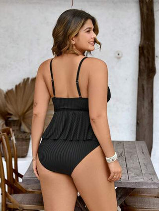 Swim Lushoire مجموعة بكيني لقياسات كبيرة للنساء بقطعتين، شريطي العنق المزين بمعدن أحادي اللون وقطعة سفلية مثلثة الشكل بخصر عالي وبسحاب سحب, مناسبة للأعياد الصيفية البالغة