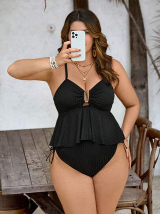 Swim Lushoire مجموعة بكيني لقياسات كبيرة للنساء بقطعتين، شريطي العنق المزين بمعدن أحادي اللون وقطعة سفلية مثلثة الشكل بخصر عالي وبسحاب سحب, مناسبة للأعياد الصيفية البالغة