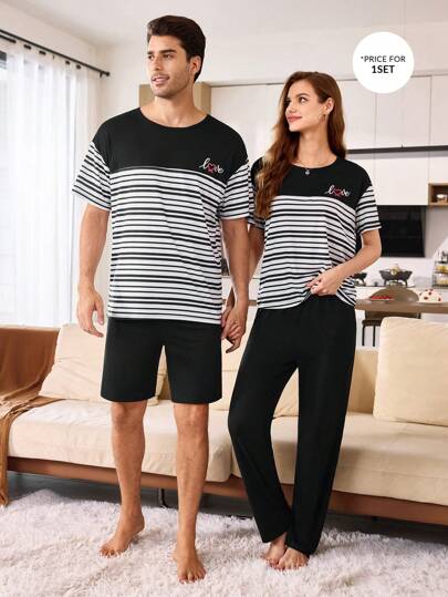 SHEIN طقم بيجامة مطبوع بتصميم قصير الأكمام والشورت بألوان مظللة للرجال