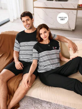 SHEIN طقم بيجامة مطبوع بتصميم قصير الأكمام والشورت بألوان مظللة للرجال