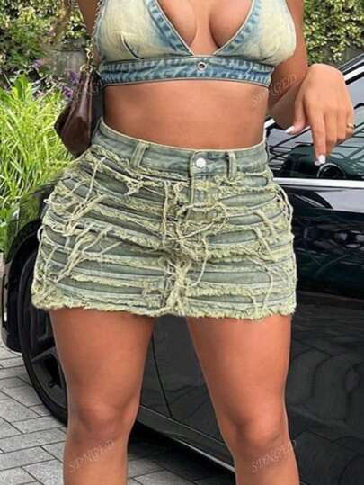 تنورة جينز قصيرة مصممة بتصميم شرائط إمريكي كلاسيكي مناسبة لموسم الصيف بالنمط الأوروبي والإمريكي الشائع